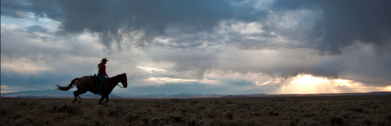 A silhouetted horseback rider in a hat rides into the blazing sunset beneath a cloudy sky, mountains in the far distance.